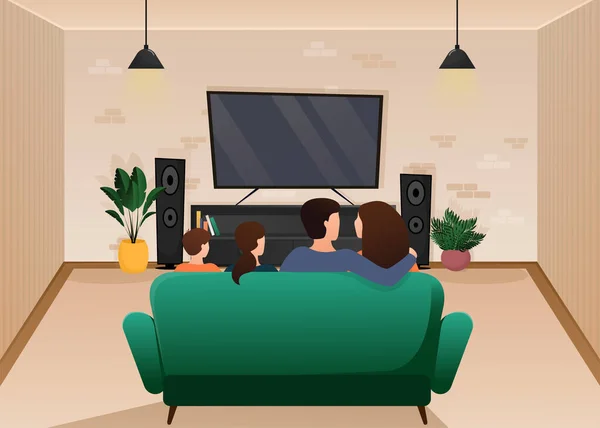 Ilustrace s designem obývacího pokoje se sedící rodinou. Vektorová ilustrace kreslených lidí — Stockový vektor