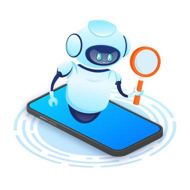 Çizgi film tarzında arama robotu. Yapay zeka. İzometrik vektör. Vektör illüstrasyonu