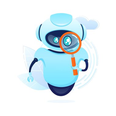 Çizgi film tarzında arama robotu. Yapay zeka. İzometrik vektör. Vektör illüstrasyonu