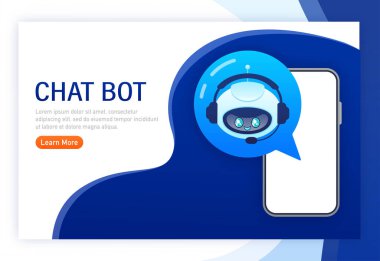 Web tasarımı için düz sohbet robotu. Düz izometrik vektör çizimi. Yapay zeka