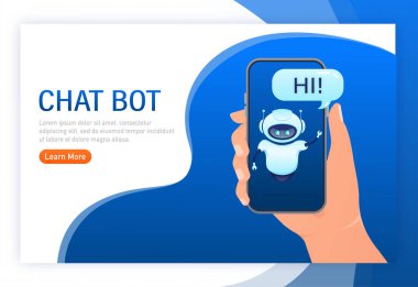 Web tasarımı için düz sohbet robotu. Düz izometrik vektör çizimi. Yapay zeka