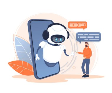 Web tasarımı için düz sohbet robotu. Düz izometrik vektör çizimi. Yapay zeka