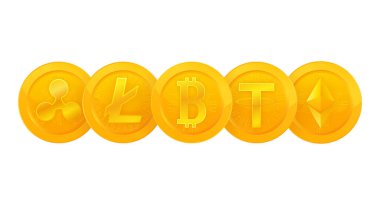 Şifreli para birimi 3 boyutlu. Bitcoin parası. Kripto para birimi engelleme zinciri.