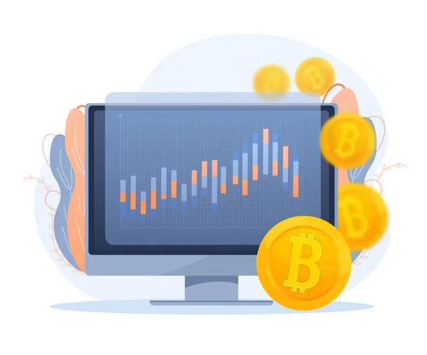 Für Die Konzeptgestaltung Karikatur Des Bitcoin Wachstums Auf Dem Monitor — Stockvektor