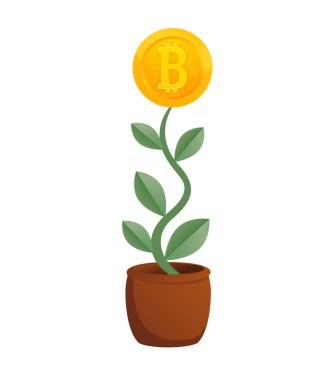 İşadamı para ağacını bitcoin ile suluyor. Vektör şifreli para birimi.