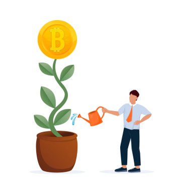 İşadamı para ağacını bitcoin ile suluyor. Vektör şifreli para birimi.