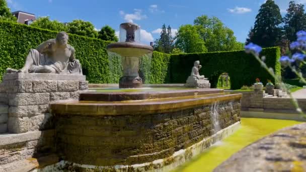 Fountain Rose Garden Baden Baden Germany Sunny Summer Day — стокове відео