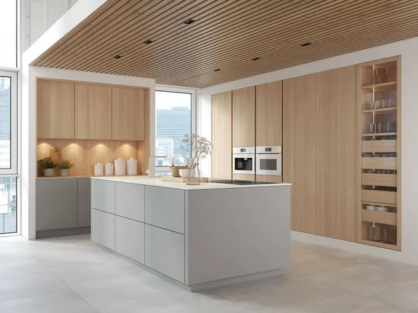 3D-Illustration. Moderne Küche in Dachgeschosswohnung. lizenzfreie Stockbilder