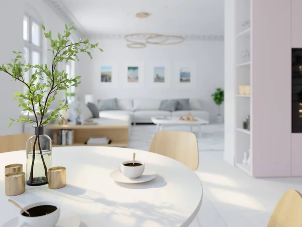 3D ilustrace. nordic styl kuchyně v bytě. — Stock fotografie