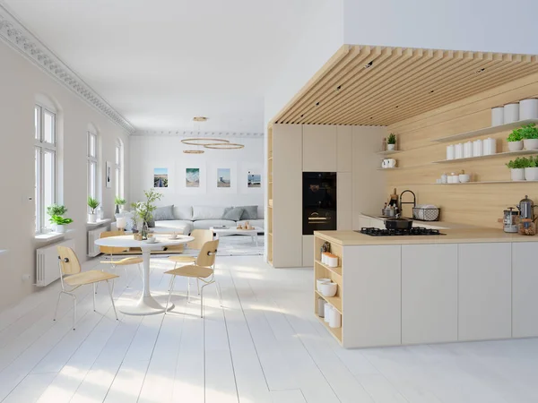 Illustrazione 3D. cucina in stile nordico in un appartamento. — Foto Stock