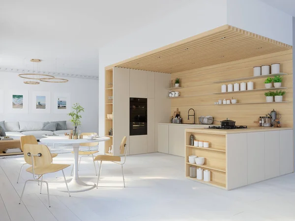 Illustrazione 3D. cucina in stile nordico in un appartamento. — Foto Stock