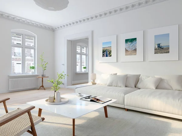 3D ilustrace. moderní skandinávský obývací pokoj s obrazy stěn. — Stock fotografie
