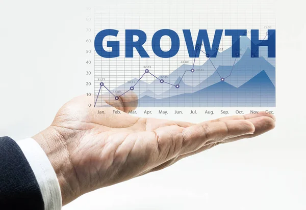Wachstumswort Mit Business Financial Wachsenden Diagramm Hintergrund Auf Männliche Hand — Stockfoto