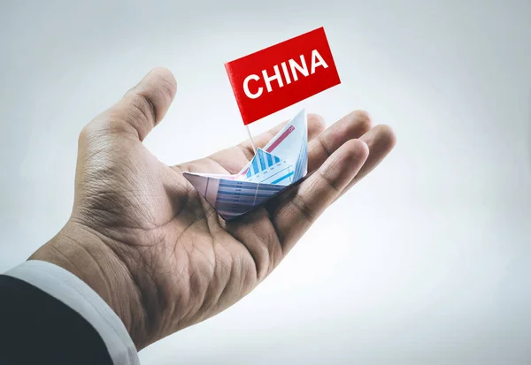 China Word Flag Boat Made Paper Graph Businessman Hand Business — Stock Photo, Image