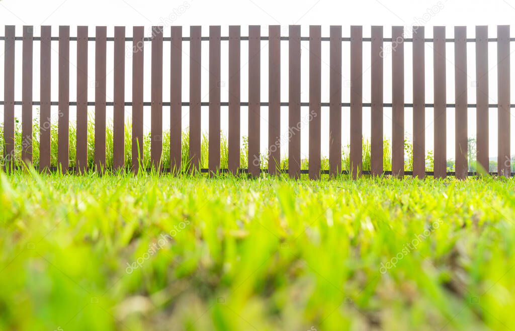Brown fence with green grass in garden