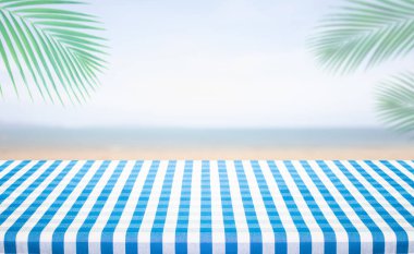 Deniz manzaralı kareli masa örtüsü dokusu. Montaj ürünü görüntüleme veya tasarım için görsel düzen. Tatil yaz konseptleri