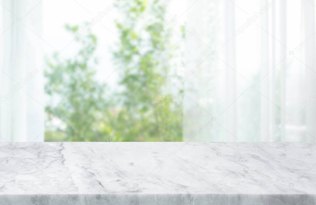 Selective focus.Marble display on curtain,window background.copy space