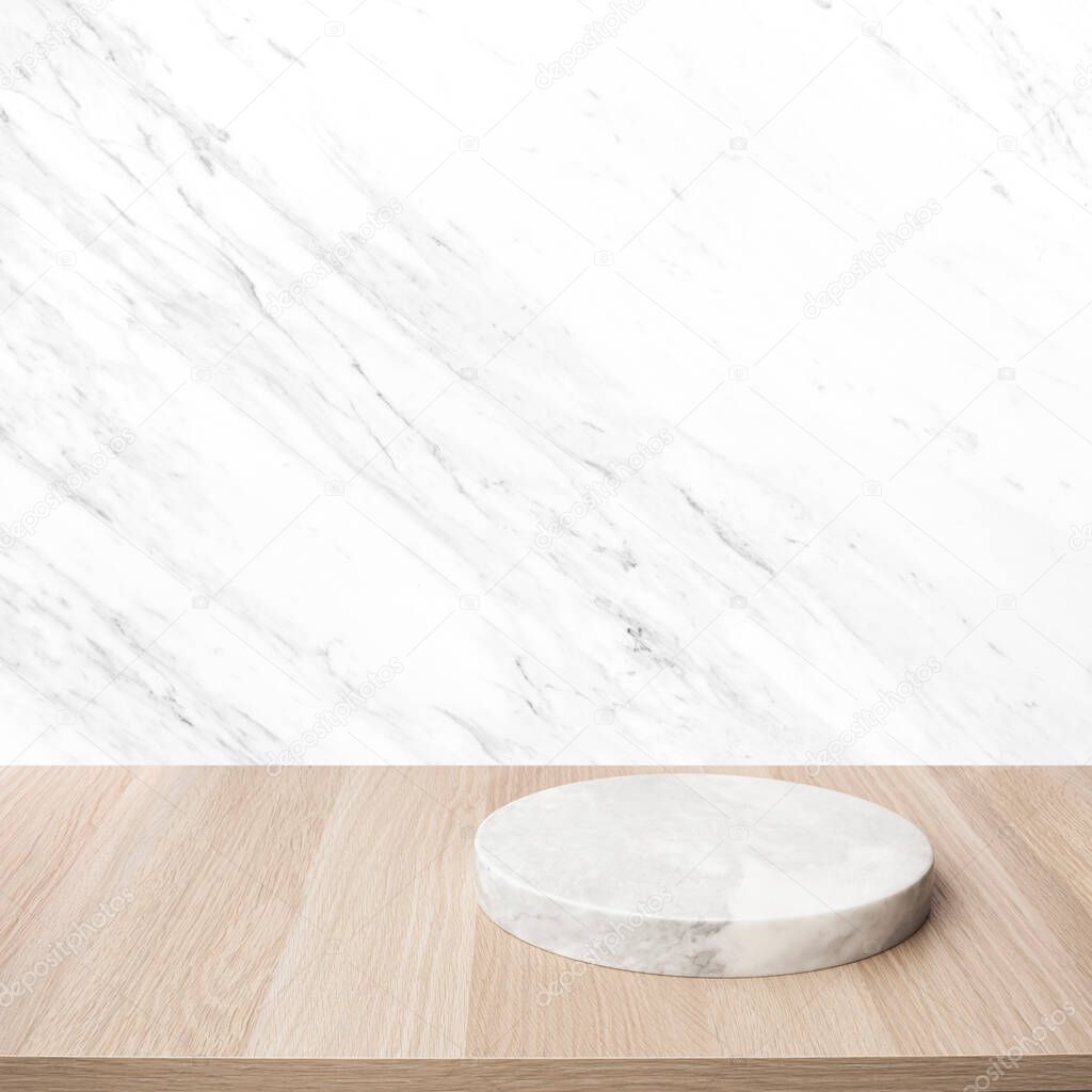 Marble on wood table top  background.For montage product display or design key visual layout.