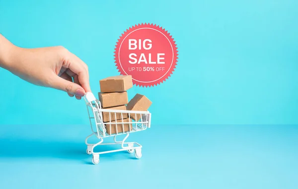 Marketing Promotion Big Sale Text Tag Products Box Order Trolley — Foto Stock