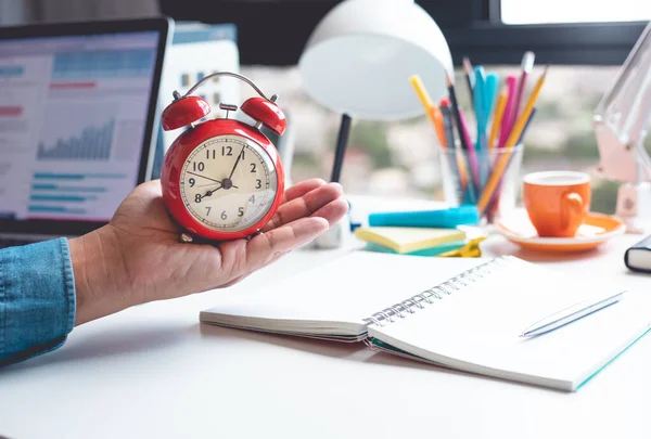 Time Work Concepts Male Hand Holding Alarm Clock Desk Motivation — Stock Fotó