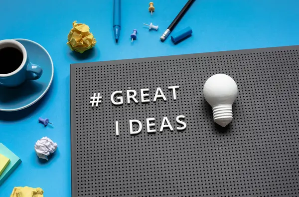 Great Ideas Text Lightbulb Desk Worktable Background Creativity Inspiration Concepts — Stockfoto
