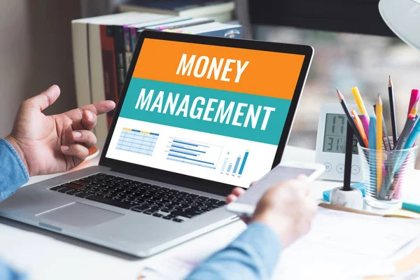 Money Management Financial Plan Concepts Text Laptop Business Λύση Royalty Free Φωτογραφίες Αρχείου