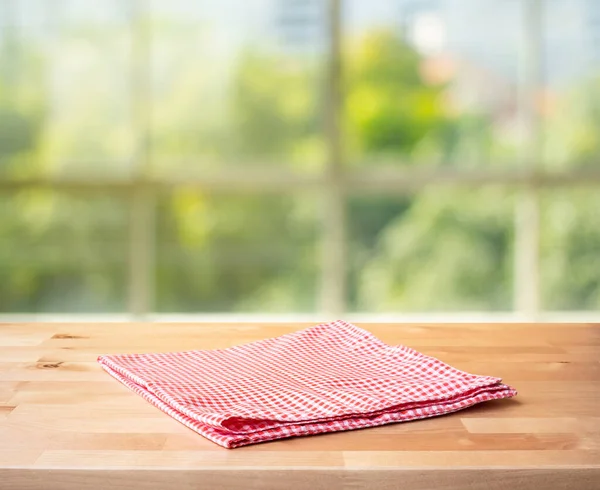 Red Checked Tablecloth Wood Blur Green Bokeh Window Kitchen Background Stock Fotó