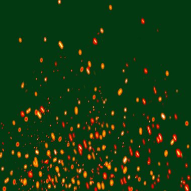 Arkaplan yeşil ve kıvılcımlar saçıyor. Havada parıltılar, toz parçacıklarıyla örtüşüyor..