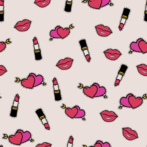 Fashion illustration seamless pattern. Love trendy hand drawn text and make up design elements. Lips and lipstick, hashtag symbol and speech bubbles. Sketch set.