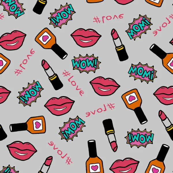 Fashion illustration seamless pattern. Love trendy hand drawn text and make up design elements. Lips and lipstick, hashtag symbol and speech bubbles. Sketch set.