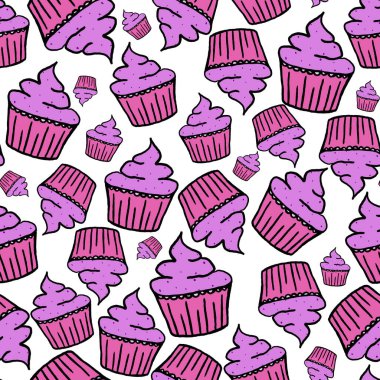 seamless pastry pattern with cakes, cupcakes, pies, cupcakes, ice cream. Hand drawn sweet bakery products in a sketchy style. Ice cream.