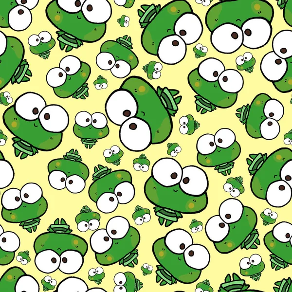 Cute cartoon frogs sitting on water lily with flies seamless pattern illustration for wrap paper, invitation, greeting card.