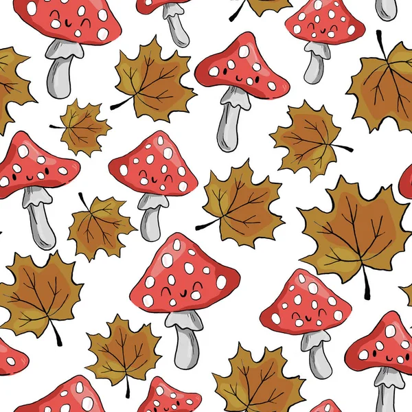 Vintage forest nature seamless pattern. Fly agaric mushroom, fern, forest plants witchcraft wallpaper. Botanical texture.