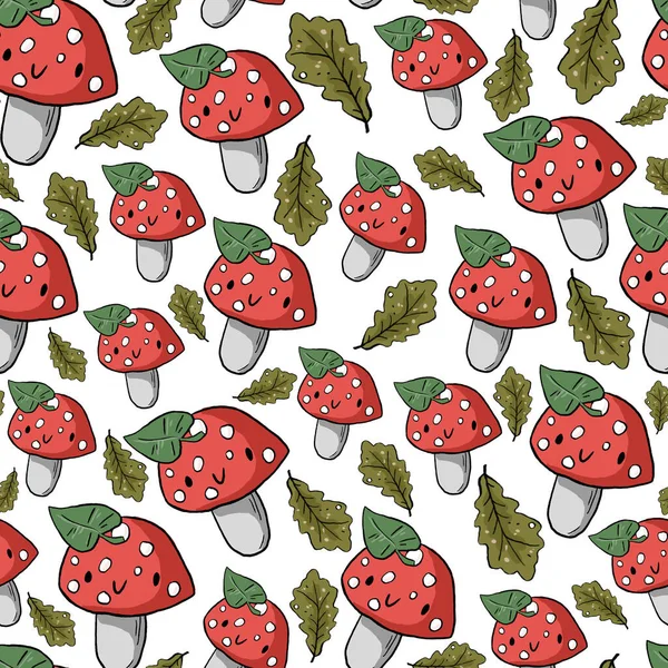 Vintage forest nature seamless pattern. Fly agaric mushroom, fern, forest plants witchcraft wallpaper. Botanical texture.