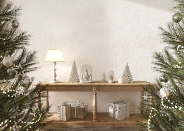 Modern İskandinav iç mekanında oyuncaklarla süslenmiş Noel ağacı. Rahat evdeki beyaz duvar maketi. Çiftlik evi biçimi 3d görüntüleme.
