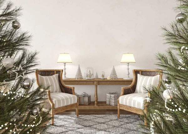 Modern İskandinav iç mekanında oyuncaklarla süslenmiş Noel ağacı. Model beyaz duvar. Çiftlik evi biçimi 3d görüntüleme.