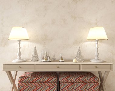 Noel dekorasyonu ve modern İskandinav iç mimarisi. Konforlu evdeki bej kaplama duvar. Çiftlik evi biçimi 3d görüntüleme.