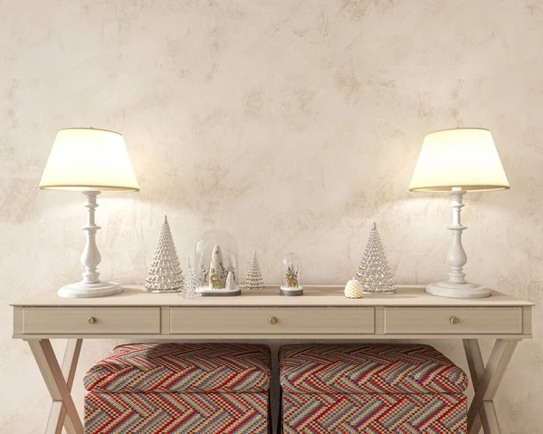 Noel dekorasyonu ve modern İskandinav iç mimarisi. Konforlu evdeki bej kaplama duvar. Çiftlik evi biçimi 3d görüntüleme.