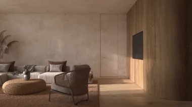 İskandinav tarzı iç daire. Boho doğal ahşap mobilyalı oturma odası tasarımı. 3d canlandırma sahnesi.