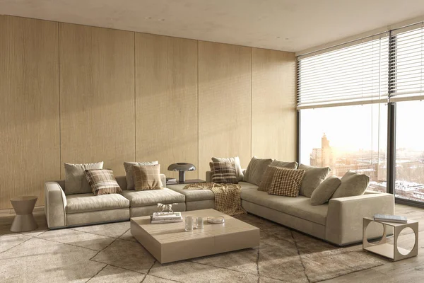 Luxuoso moderno design de interiores sala de estar. Iluminação e apartamento ensolarado com grandes janelas e vista de inverno. ilustração de renderização 3d. — Fotografia de Stock