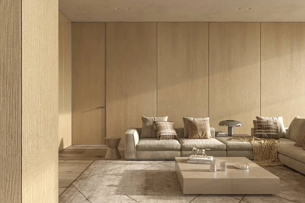 Lüks modern iç tasarım oturma odası. Aydınlık ve güneşli bir daire. 3d resimleme. — Stok fotoğraf