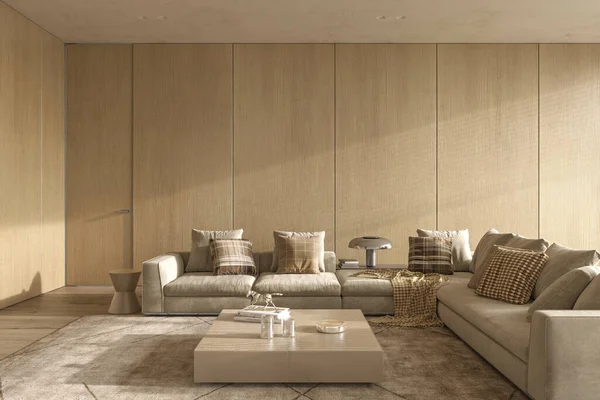 Lüks modern japandi tarzı iç dizayn oturma odası. Yastıklı büyük bir kanepe. Aydınlık ve güneşli bir daire. Mockup duvar 3d canlandırma çizimi. — Stok fotoğraf