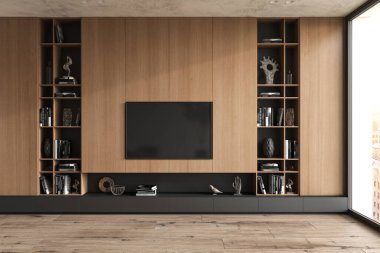 TV mounted hang on wooden cabinet wall in living room with shelves and books in modern interior. Mockup 3d render illustration.