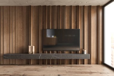 Smart TV mounted hang on wooden panels wall in living room with shelf and decor in modern interior. Mock up 3d render illustration.