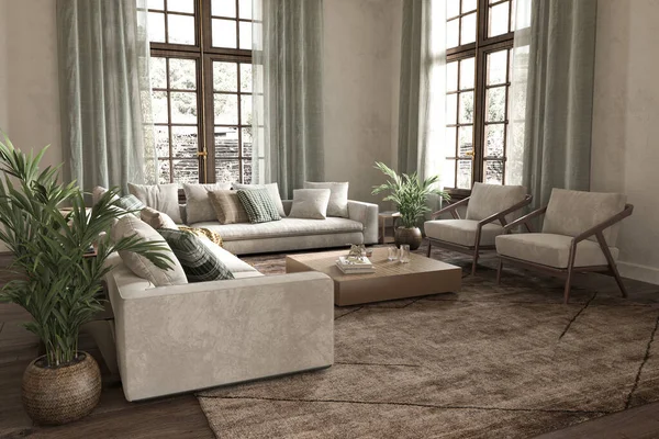 Modern japandi tasarım oturma odası. Geniş pencereli ve manzaralı aydınlık ve güneşli bir daire. Hampton biçimi 3D görüntüleme. — Stok fotoğraf