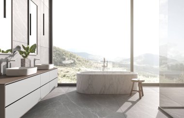 Doğa manzaralı modern banyo iç tasarımı. Lavabo, küvet ve duş. Duvarda ve yerde taş döşeme var. 3d resimleme.