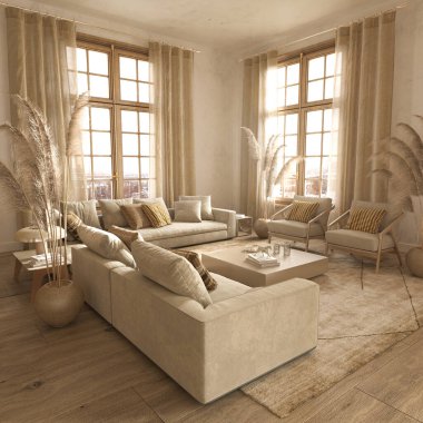 Oturma odasında modern japandi tarzı tasarım. Büyük pencereli ve manzaralı aydınlık ve güneşli bir daire. 3d resimleme.
