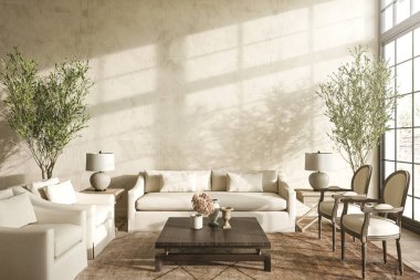 Modern Hampton tarzı iç tasarım oturma odasında. Büyük klasik pencereli, aydınlık ve güneşli bir ev. Duvarı düzenle. 3d resimleme.