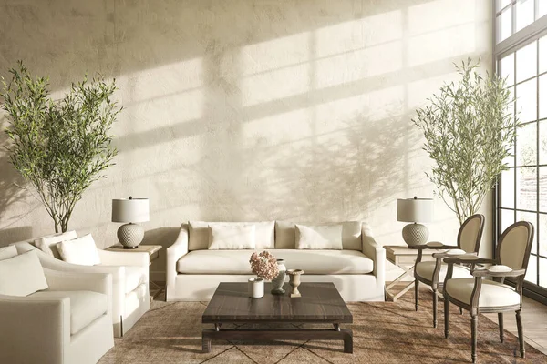 Modern Hampton tarzı iç tasarım oturma odasında. Büyük klasik pencereli, aydınlık ve güneşli bir ev. Duvarı düzenle. 3d resimleme.