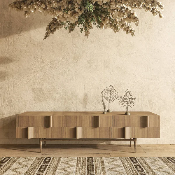 Wnętrze domu mieszkalnego makieta z naturalnych drewnianych mebli. 3D renderowanie ilustracja Scandi-Boho styl na pustym beżowym tle. — Zdjęcie stockowe